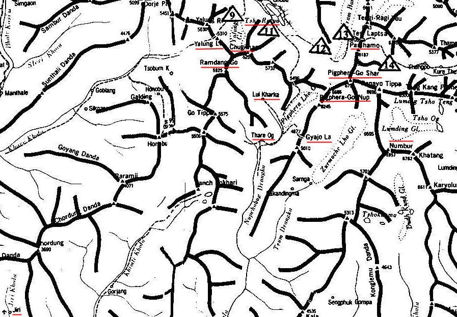 Map of Gyajo La and Mount Numbur