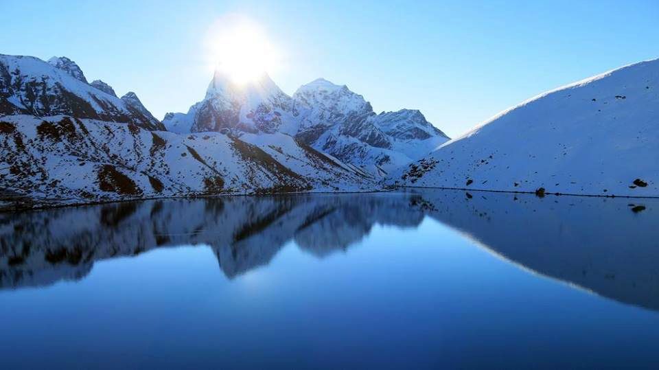 Cholatse and Taboche from lake at Gokyo