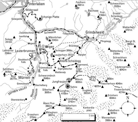 Map of the Jungfrau Region of the Bernese Oberlands on ascent of the Jungfrau