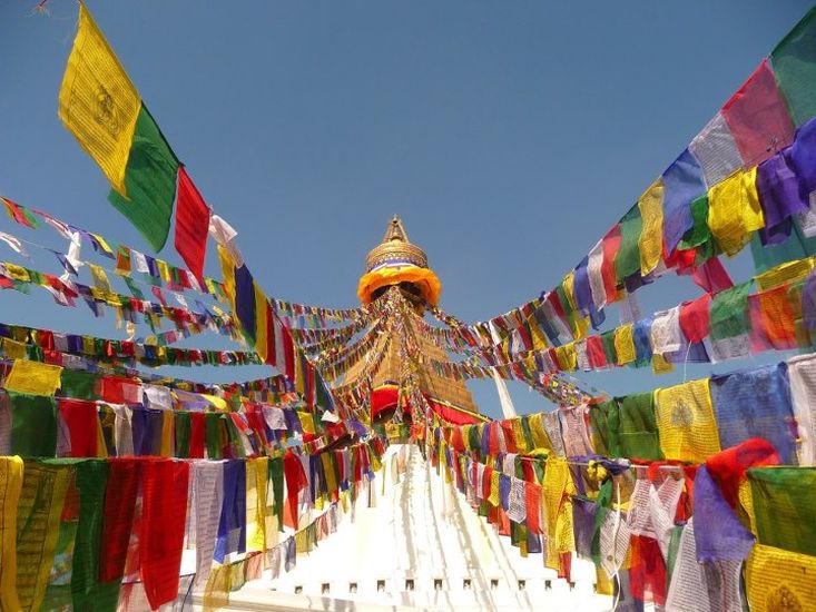 Prayer Flags on Buddhist Stupa at Bodnath ( Baudhanath ) in Kathmandu