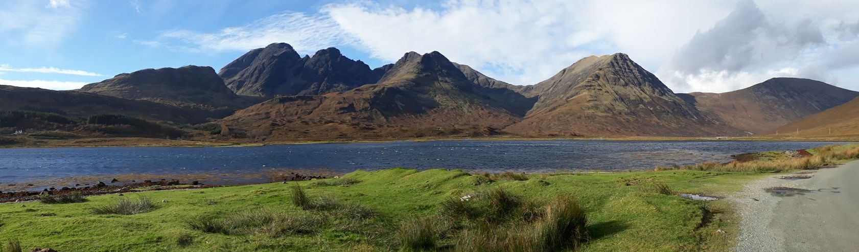 Blaven ( Bla Bheinn ) and Black Cuillin from Loch Slapin on Isle of Skye in Western Islands of Scotland