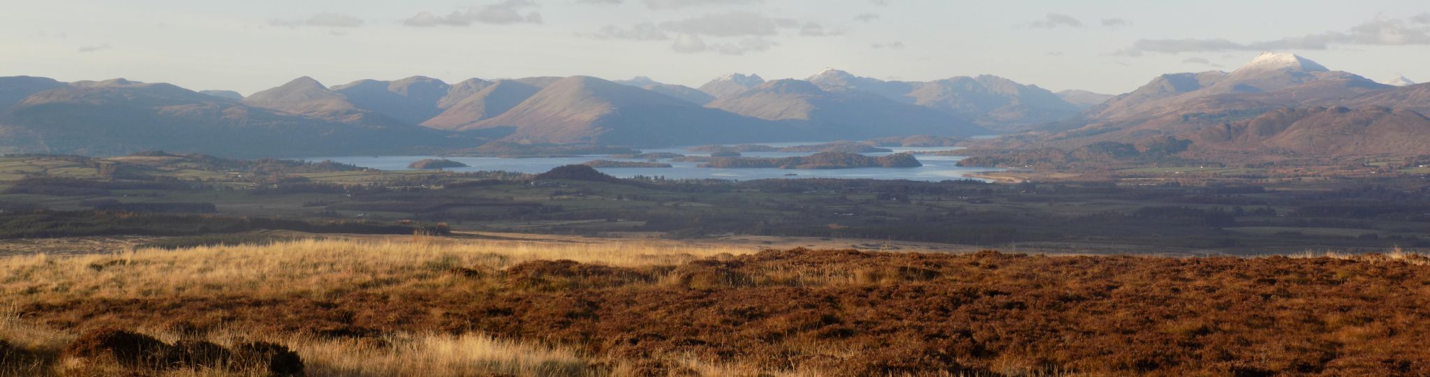 Luss Hills, Arrochar Alps and Ben Lomond above Loch Lomond from Auchineden Hill