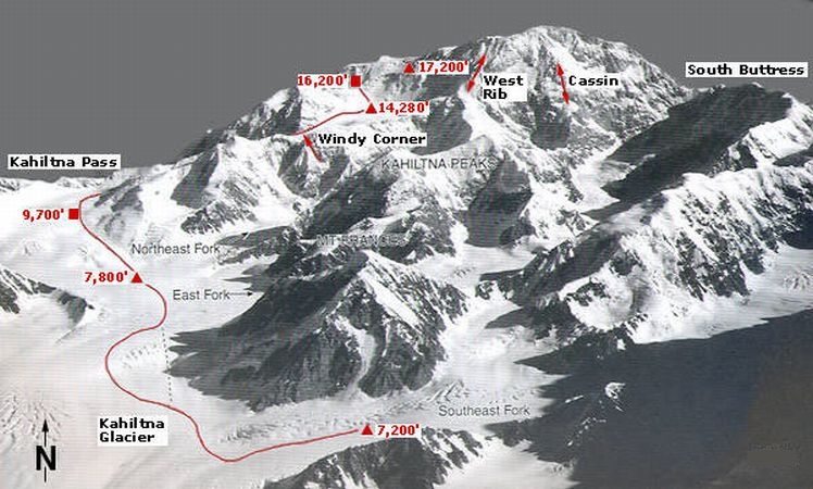 West Buttress ascent route of Denali ( Mount Mckinley ) in Alaska - the highest mountain in the USA and North America